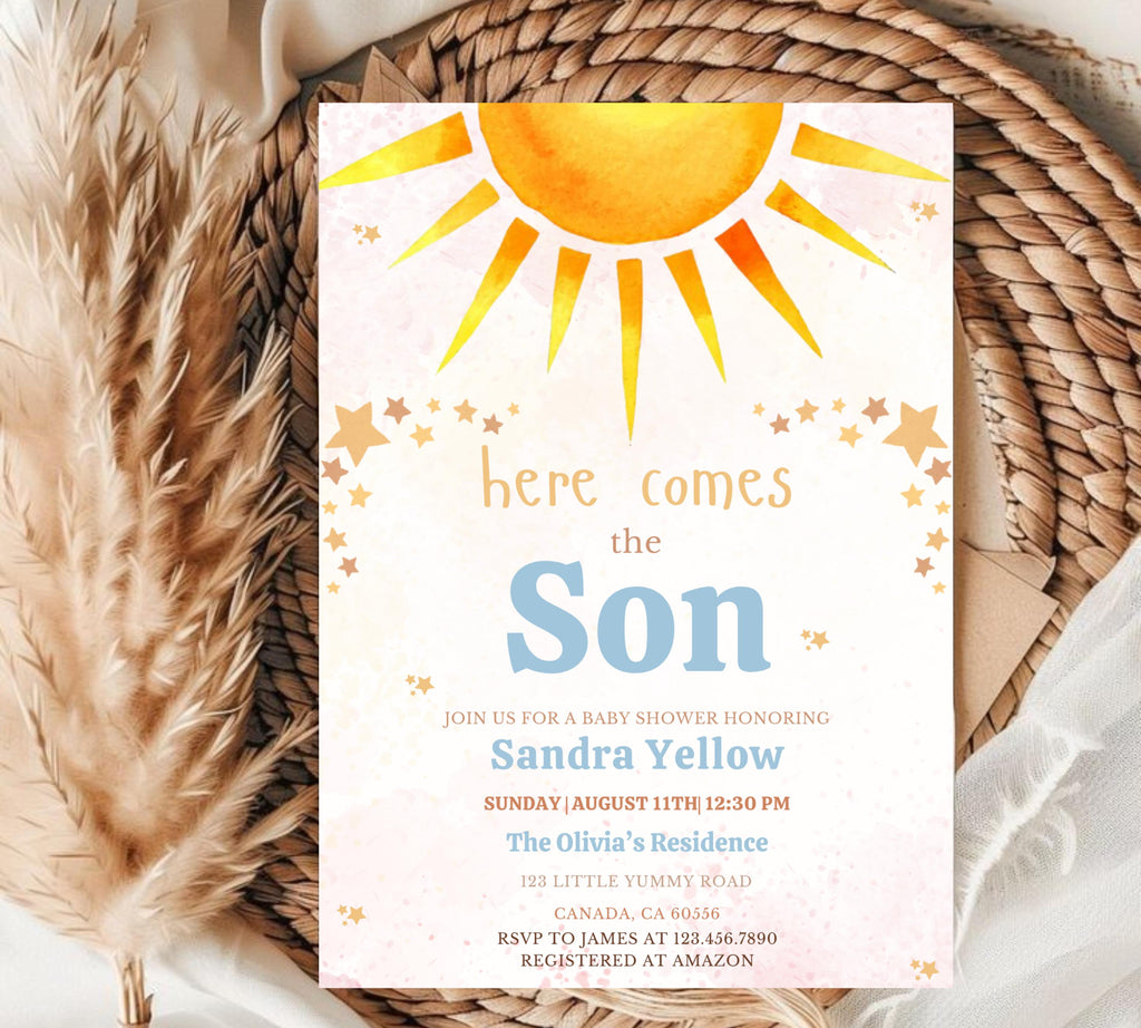Editable Sunshine Baby Shower invitation, Little Sunshine Baby Shower Invite, Boho Sunshine Baby Shower Invite, Sun Baby Invitation