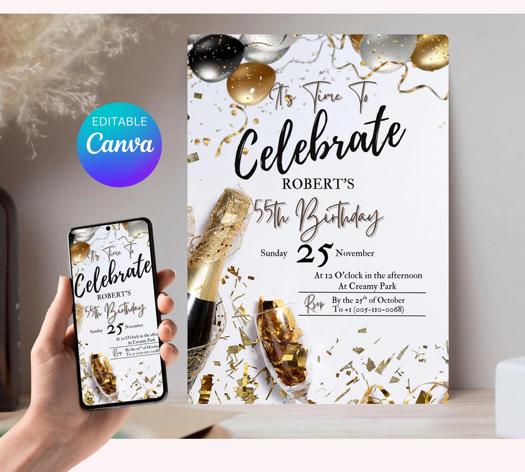 Adult Men's Birthday Invitation| Golden Balloons Party Invite| Men's Birthday Invitation| Let's Celebrate Men Invitation| Editable Template