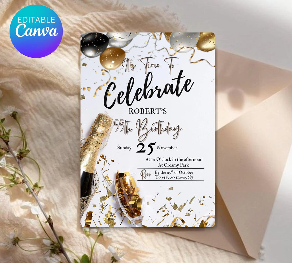 Adult Men's Birthday Invitation| Golden Balloons Party Invite| Men's Birthday Invitation| Let's Celebrate Men Invitation| Editable Template