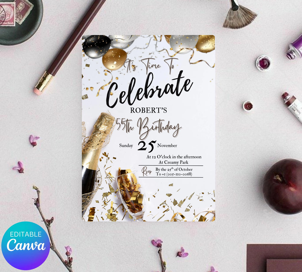 Adult Men's Birthday Invitation| Golden Balloons Party Invite| Men's Birthday Invitation| Let's Celebrate Men Invitation| Editable Template