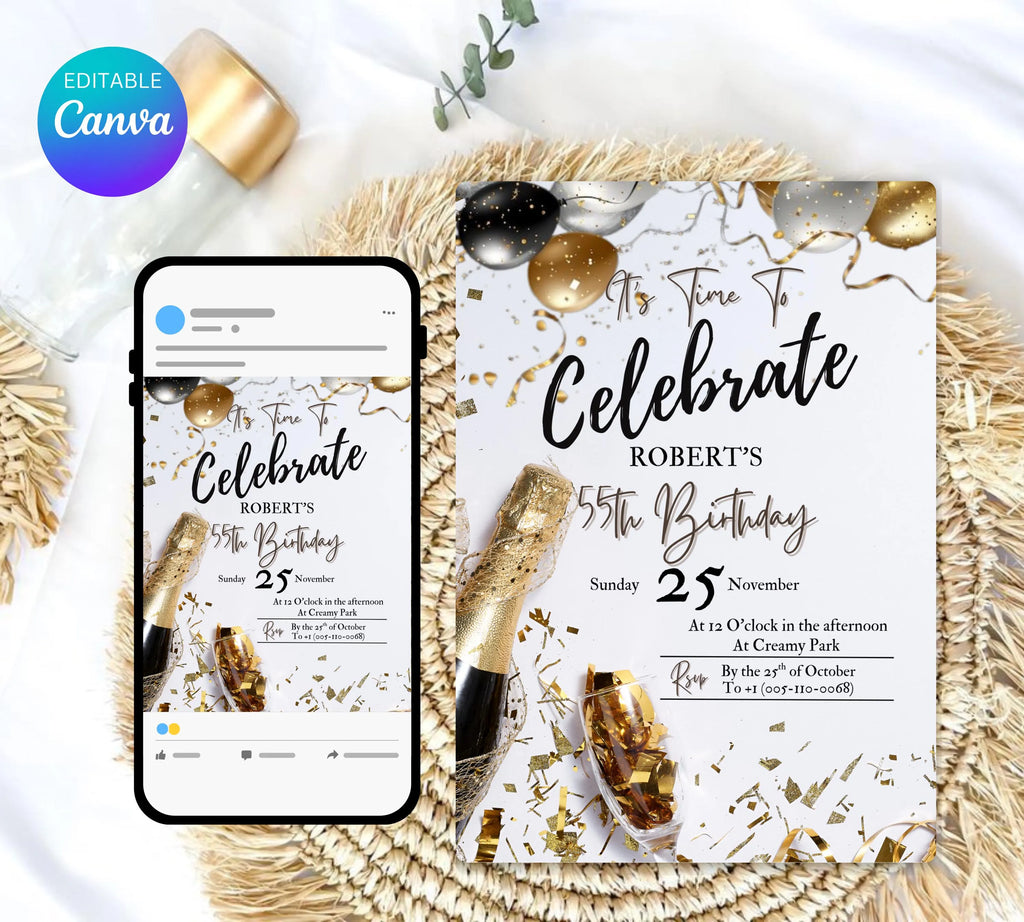 Adult Men's Birthday Invitation| Golden Balloons Party Invite| Men's Birthday Invitation| Let's Celebrate Men Invitation| Editable Template