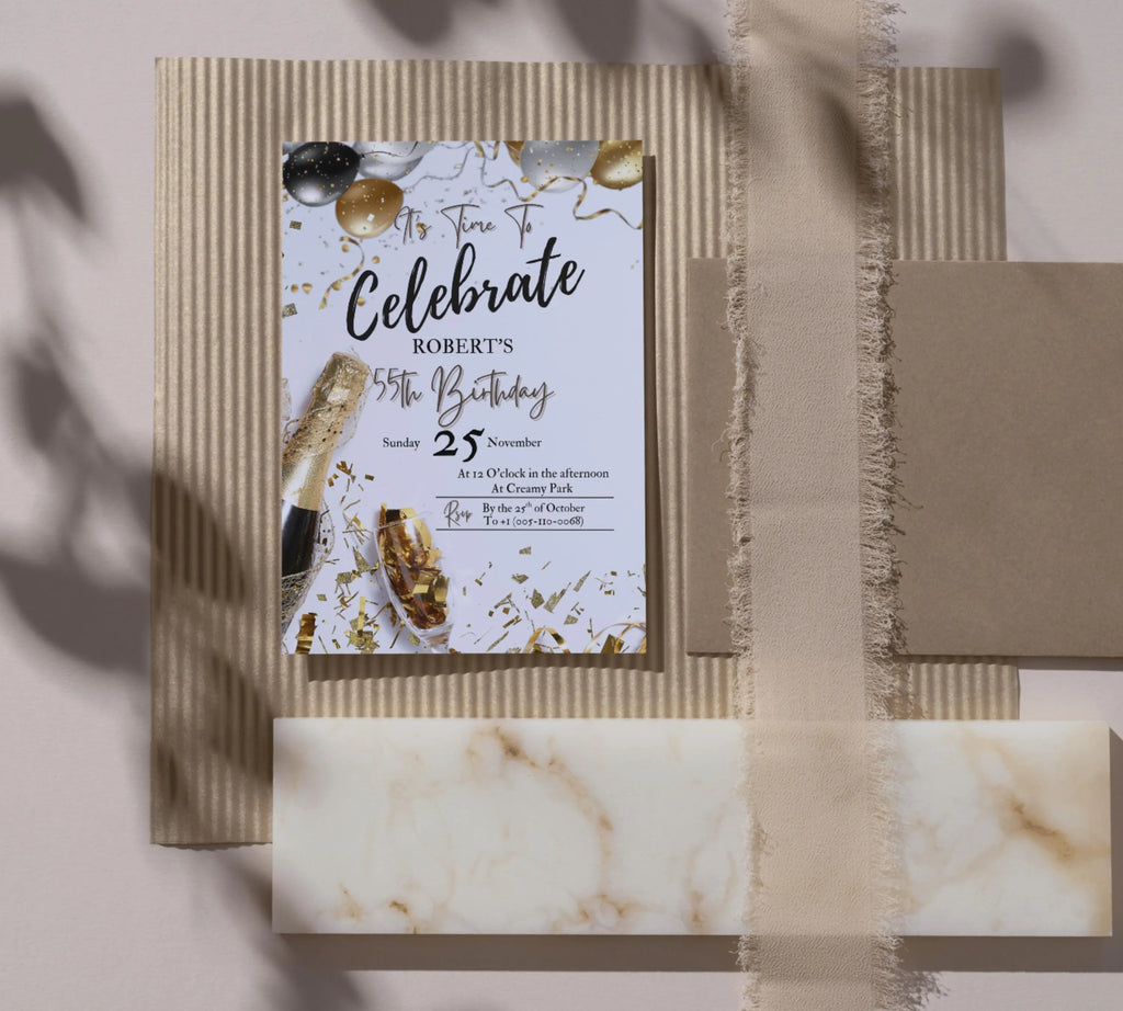 Adult Men's Birthday Invitation| Golden Balloons Party Invite| Men's Birthday Invitation| Let's Celebrate Men Invitation| Editable Template