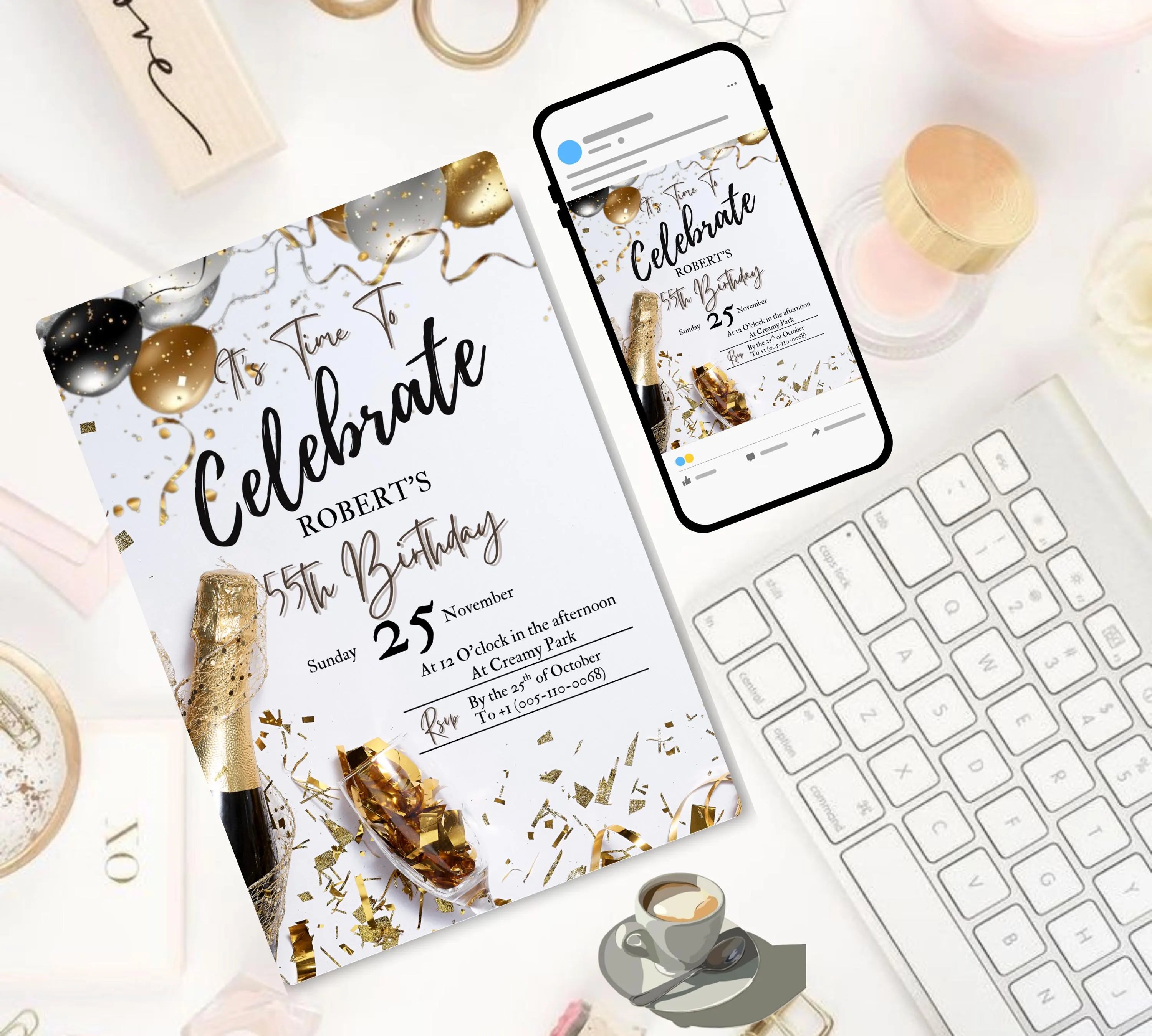 Adult Men's Birthday Invitation| Golden Balloons Party Invite| Men's Birthday Invitation| Let's Celebrate Men Invitation| Editable Template