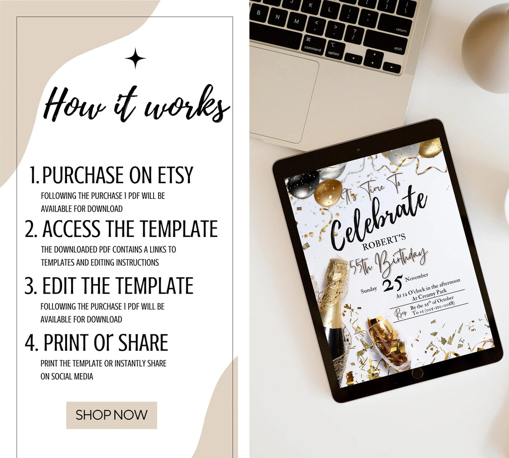 Adult Men's Birthday Invitation| Golden Balloons Party Invite| Men's Birthday Invitation| Let's Celebrate Men Invitation| Editable Template