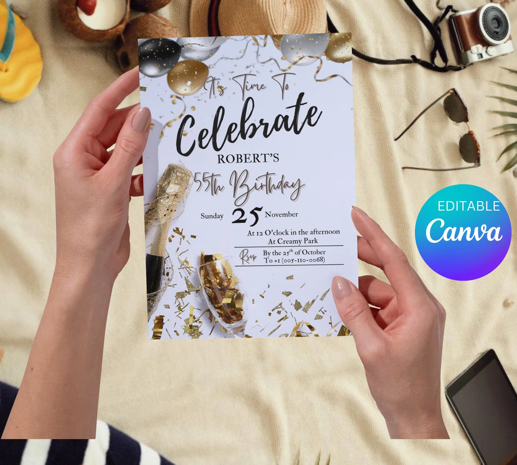 Adult Men's Birthday Invitation| Golden Balloons Party Invite| Men's Birthday Invitation| Let's Celebrate Men Invitation| Editable Template