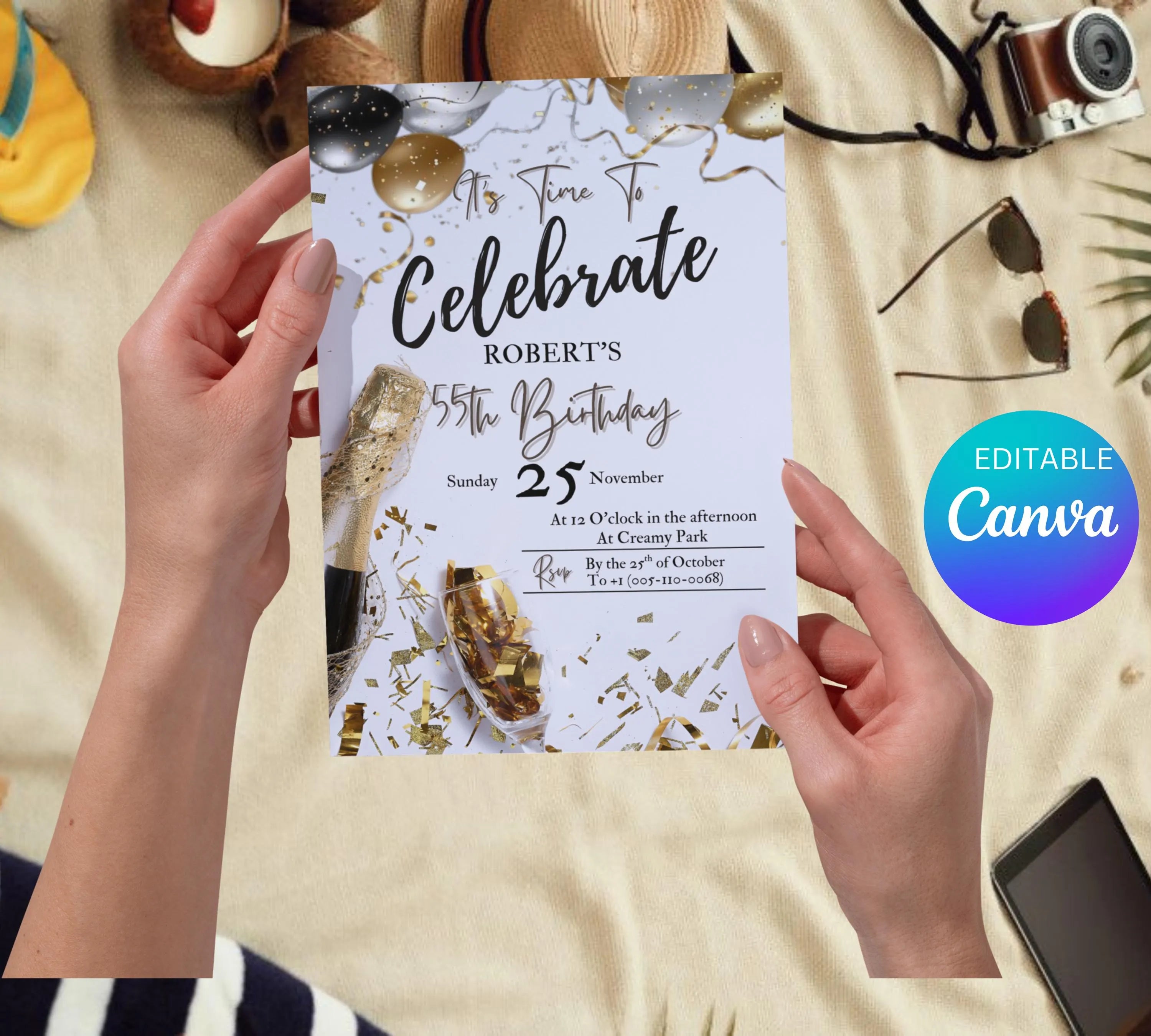 Adult Men's Birthday Invitation| Golden Balloons Party Invite| Men's Birthday Invitation| Let's Celebrate Men Invitation| Editable Template