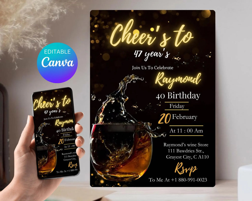 Whiskey Birthday Invitation| Surprise Party Adult| 30th 40th 50th Any Age| Cognac Scotch Liquor| Surprise Male Birthday| Editable Template