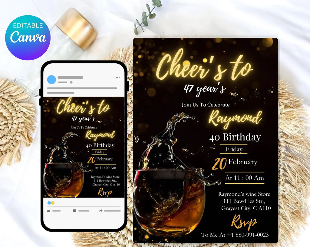 Whiskey Birthday Invitation| Surprise Party Adult| 30th 40th 50th Any Age| Cognac Scotch Liquor| Surprise Male Birthday| Editable Template