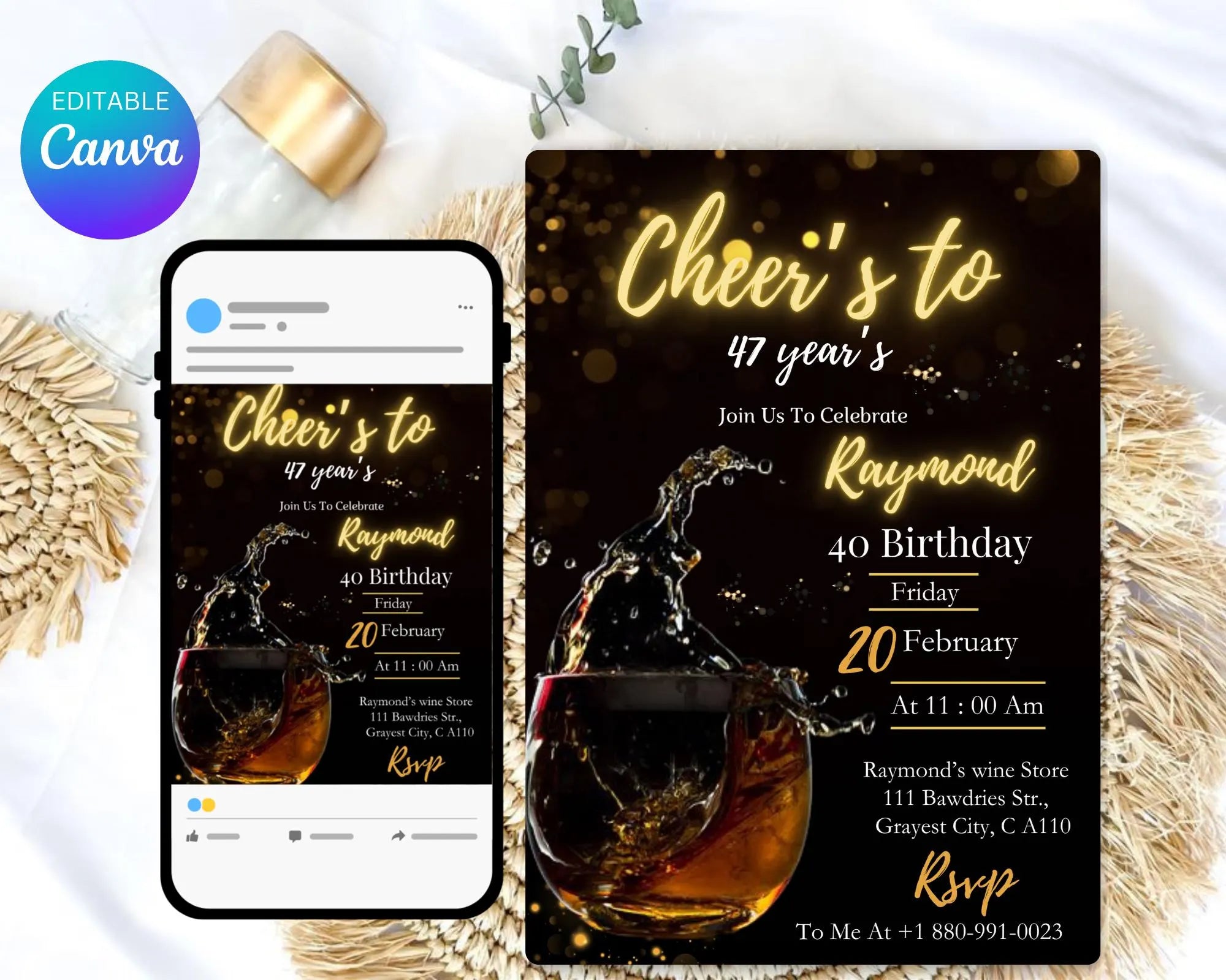 Whiskey Birthday Invitation| Surprise Party Adult| 30th 40th 50th Any Age| Cognac Scotch Liquor| Surprise Male Birthday| Editable Template