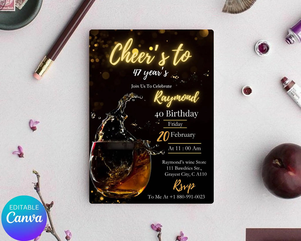 Whiskey Birthday Invitation| Surprise Party Adult| 30th 40th 50th Any Age| Cognac Scotch Liquor| Surprise Male Birthday| Editable Template