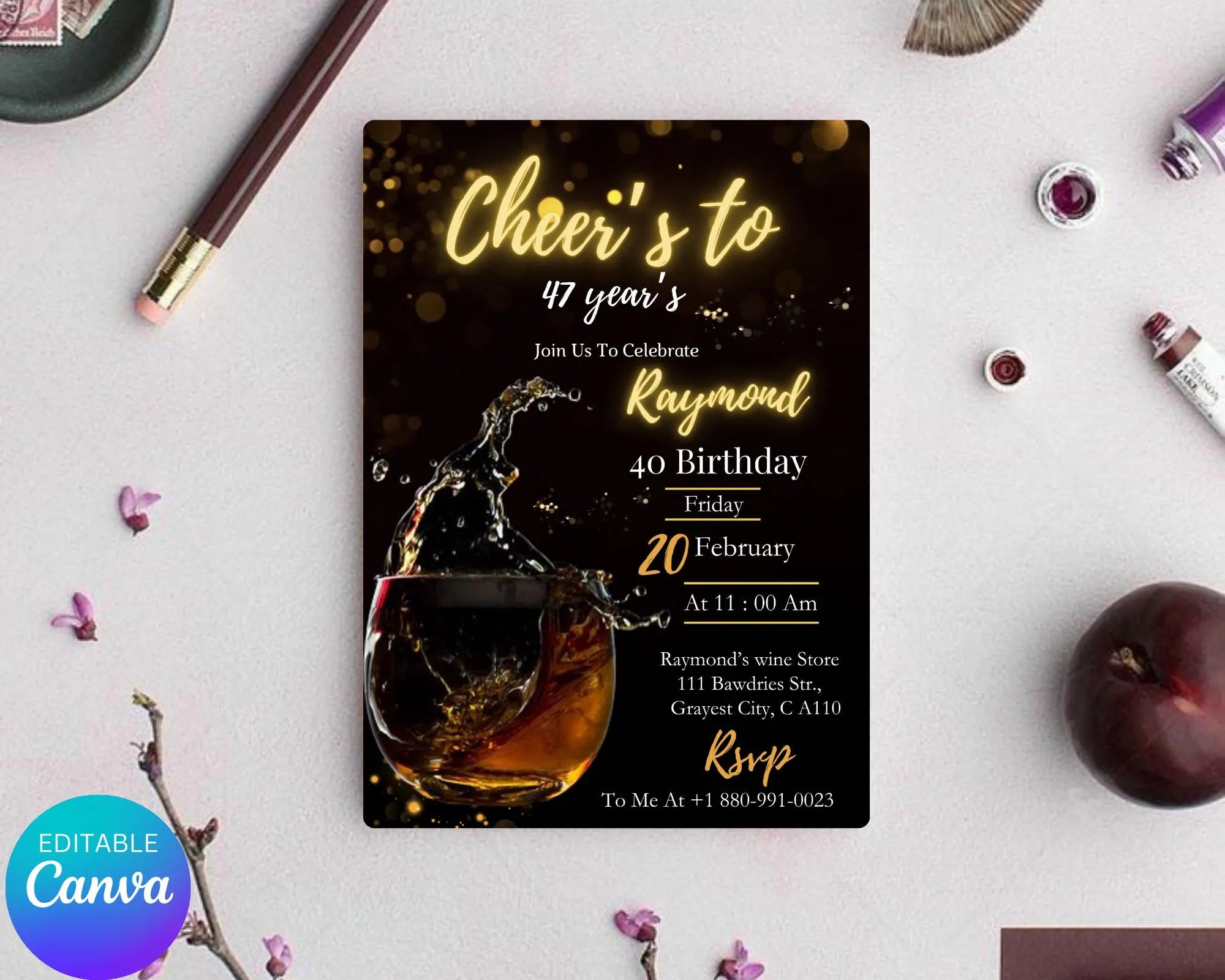 Whiskey Birthday Invitation| Surprise Party Adult| 30th 40th 50th Any Age| Cognac Scotch Liquor| Surprise Male Birthday| Editable Template