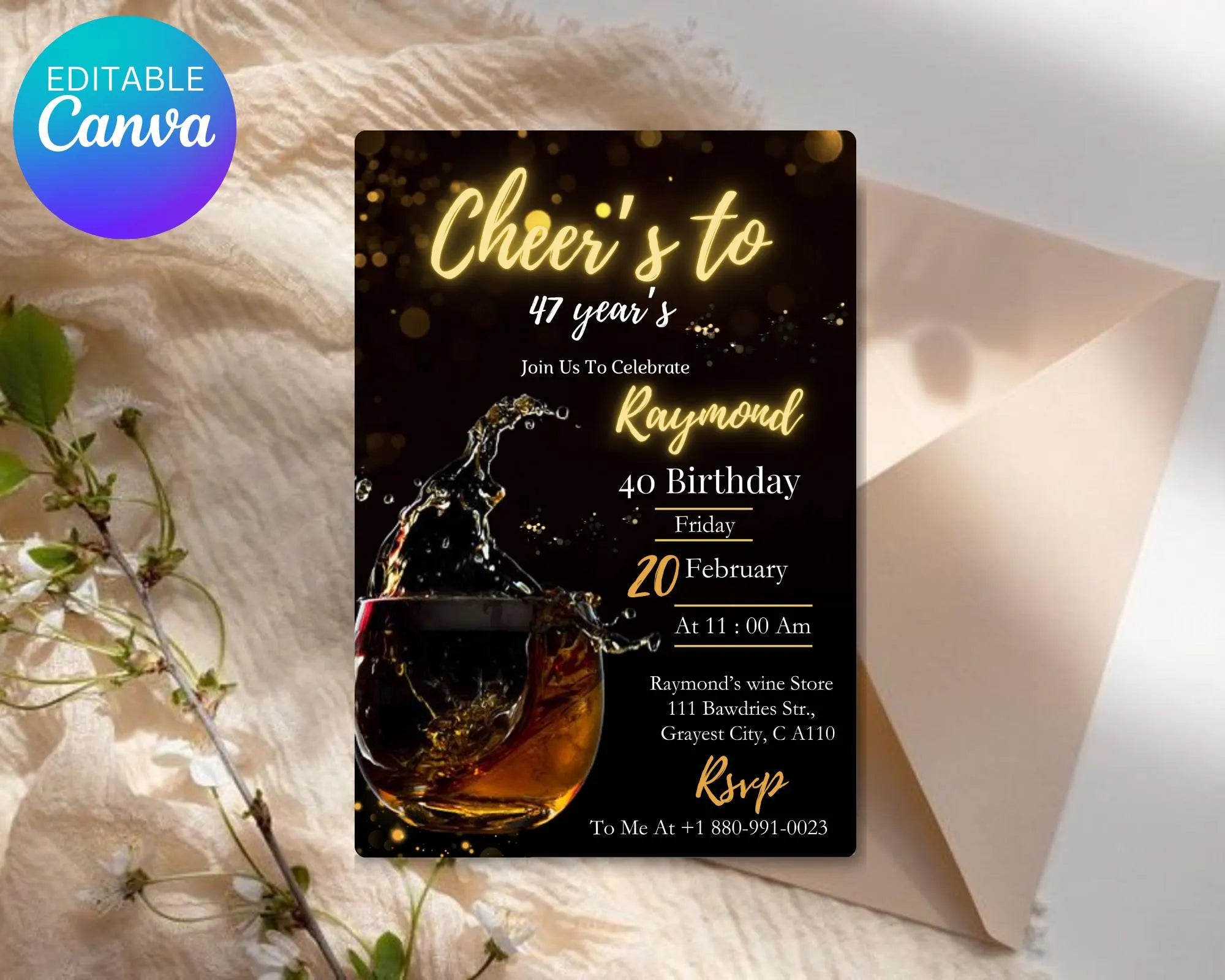Whiskey Birthday Invitation| Surprise Party Adult| 30th 40th 50th Any Age| Cognac Scotch Liquor| Surprise Male Birthday| Editable Template