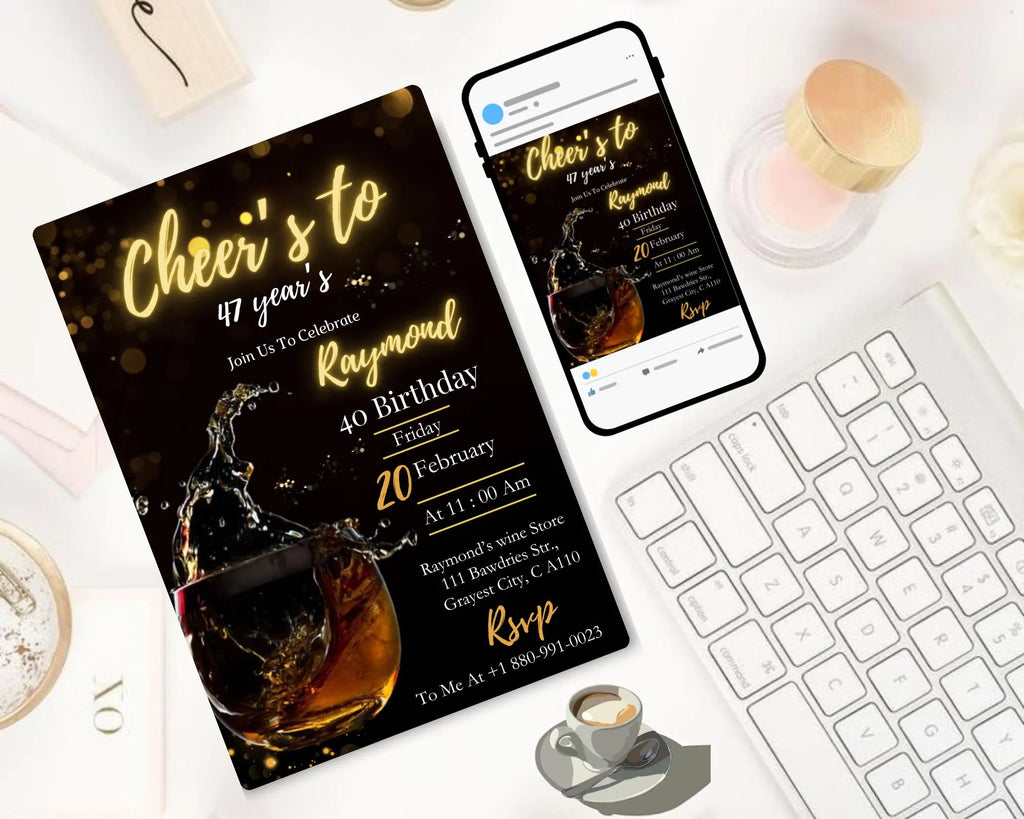Whiskey Birthday Invitation| Surprise Party Adult| 30th 40th 50th Any Age| Cognac Scotch Liquor| Surprise Male Birthday| Editable Template