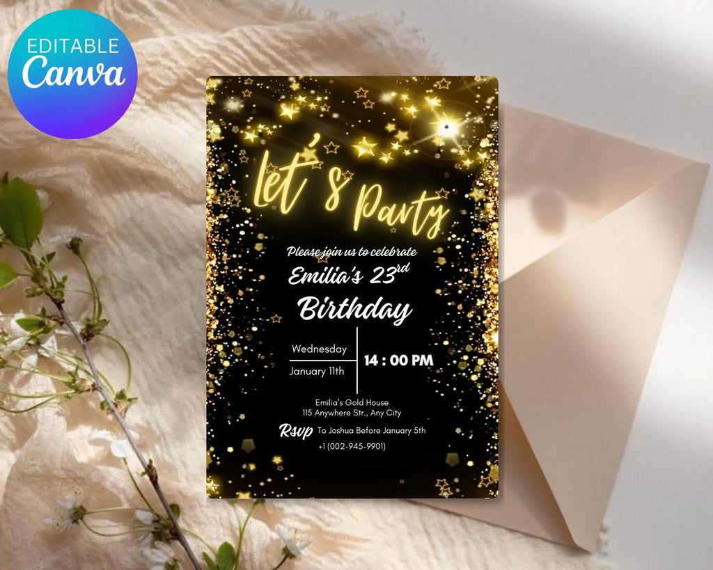 Neon Gold Light Digital Party e-invite| Golden Party Invitation Black Neon Gold e-Invite| Neon Golden Birthday Invitation| Editable Template