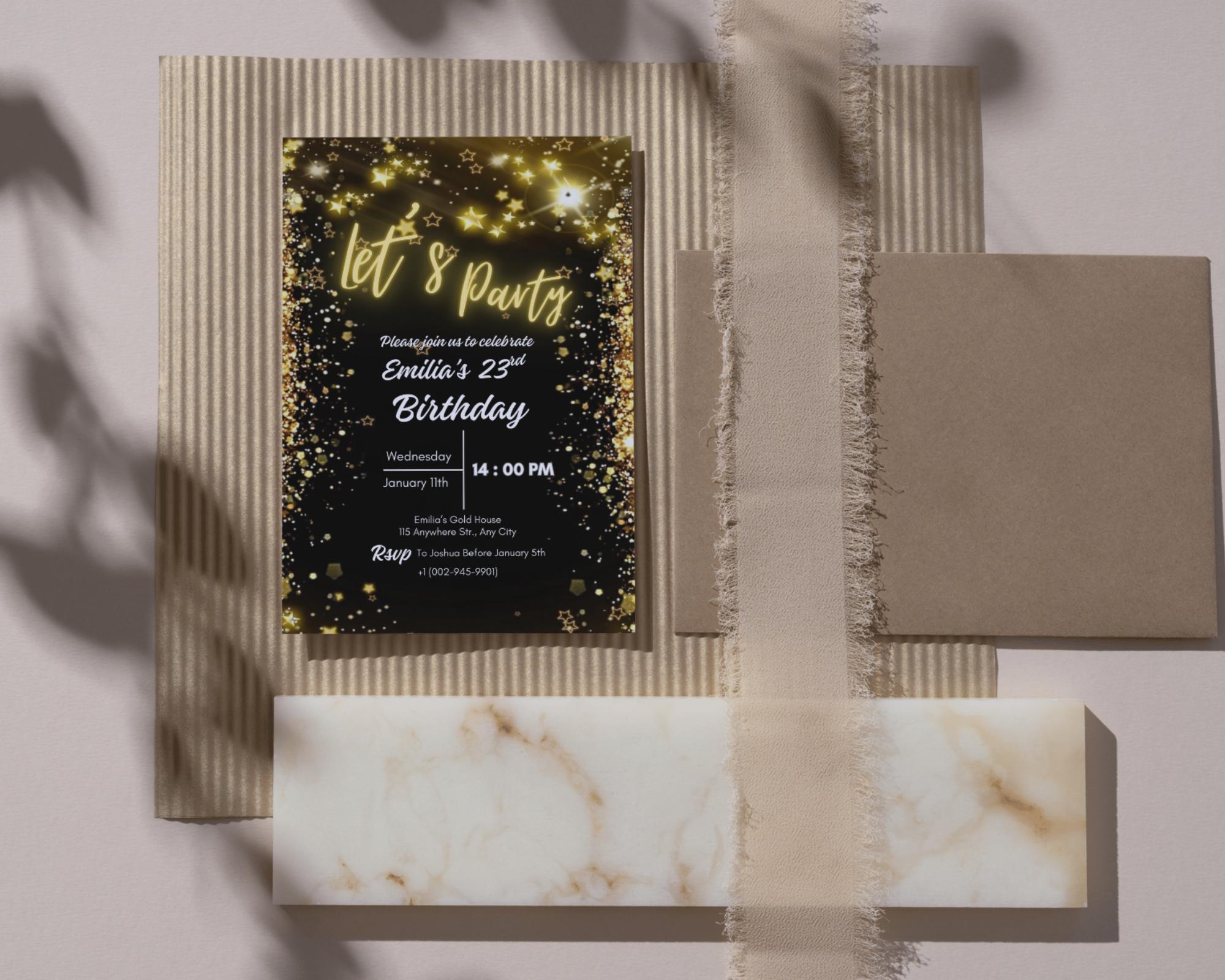 Neon Gold Light Digital Party e-invite| Golden Party Invitation Black Neon Gold e-Invite| Neon Golden Birthday Invitation| Editable Template