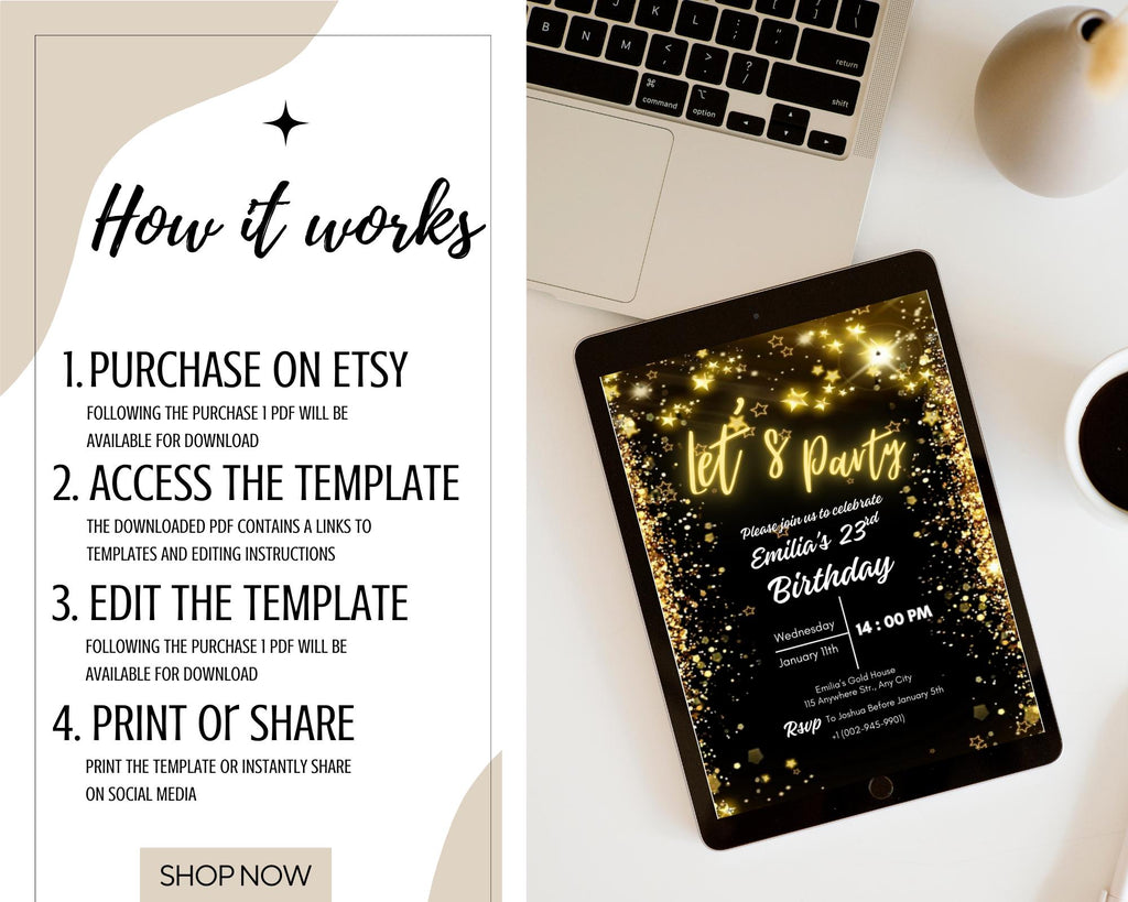 Neon Gold Light Digital Party e-invite| Golden Party Invitation Black Neon Gold e-Invite| Neon Golden Birthday Invitation| Editable Template