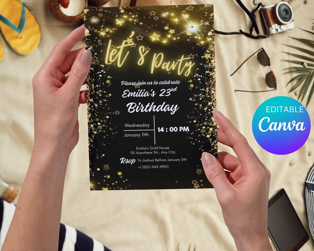 Neon Gold Light Digital Party e-invite| Golden Party Invitation Black Neon Gold e-Invite| Neon Golden Birthday Invitation| Editable Template