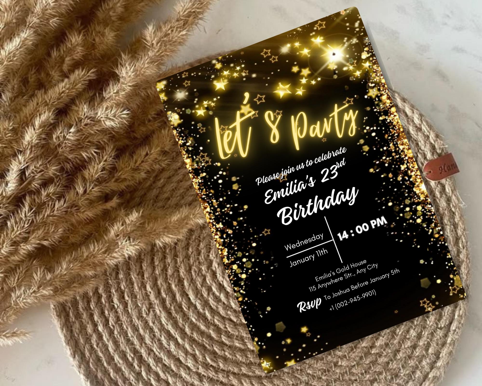 Neon Gold Light Digital Party e-invite| Golden Party Invitation Black Neon Gold e-Invite| Neon Golden Birthday Invitation| Editable Template