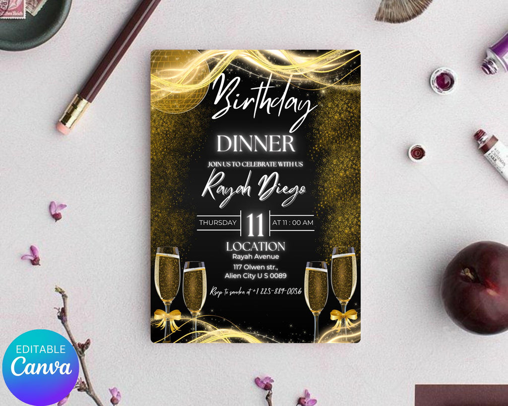 Digital Birthday Dinner Invitation| Black Tie Glam Invite| Black Gold Disco Invite For Men & Women| Black Dinner Invite| Editable Template
