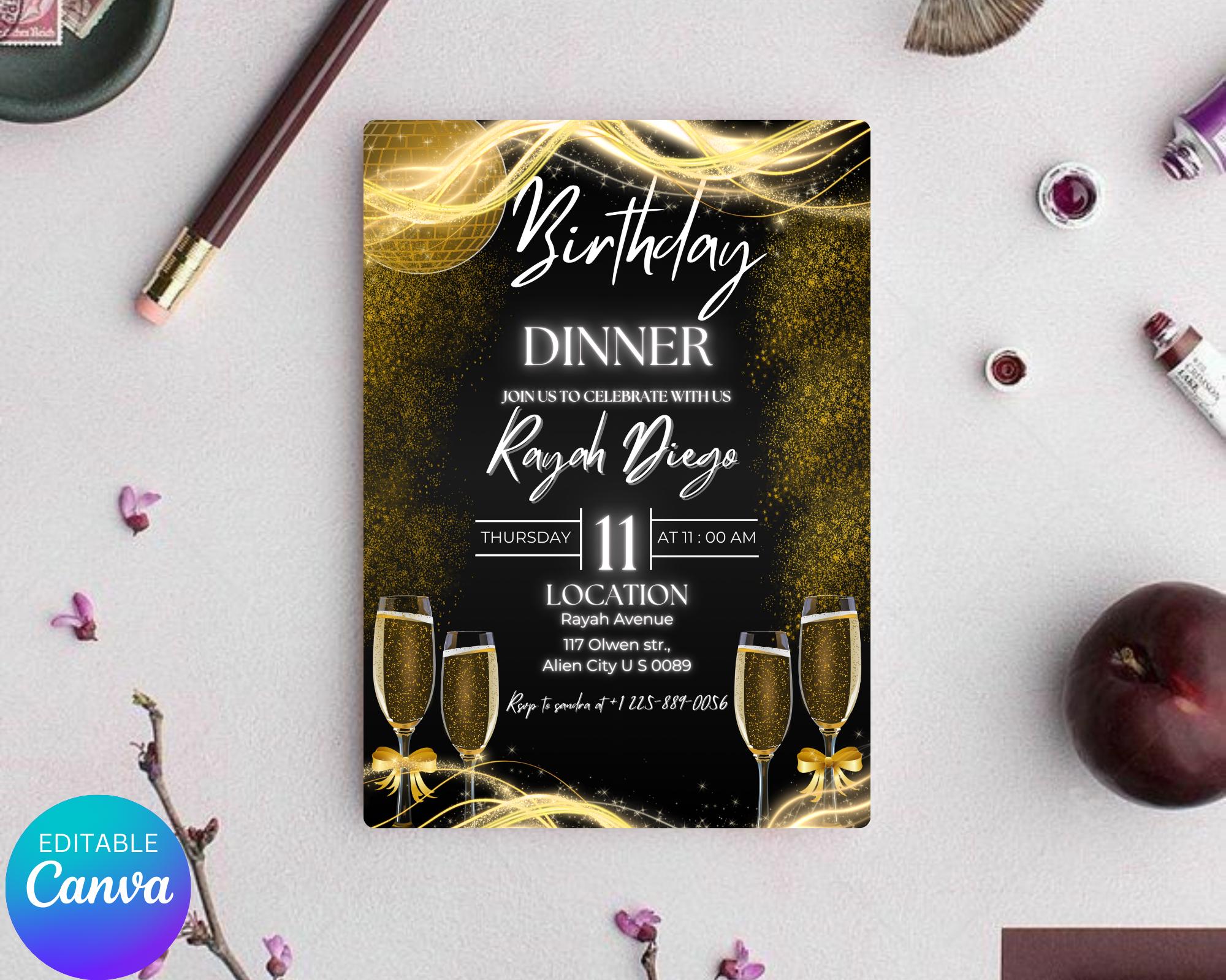 Digital Birthday Dinner Invitation| Black Tie Glam Invite| Black Gold Disco Invite For Men & Women| Black Dinner Invite| Editable Template