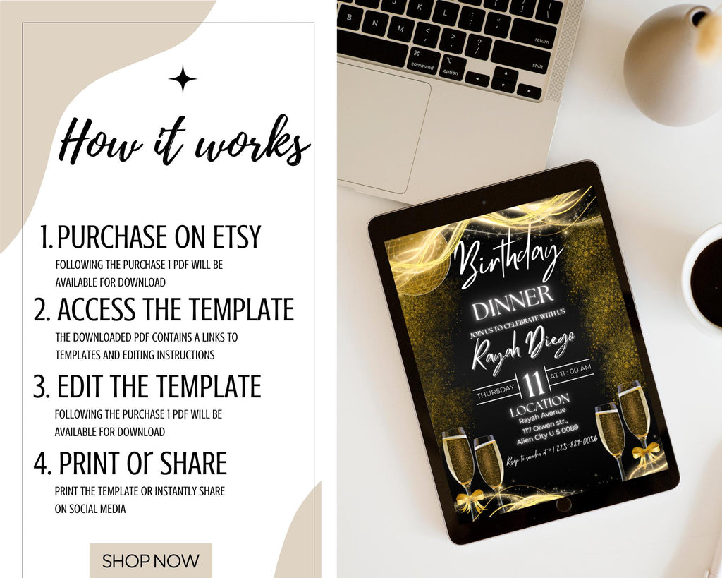 Digital Birthday Dinner Invitation| Black Tie Glam Invite| Black Gold Disco Invite For Men & Women| Black Dinner Invite| Editable Template