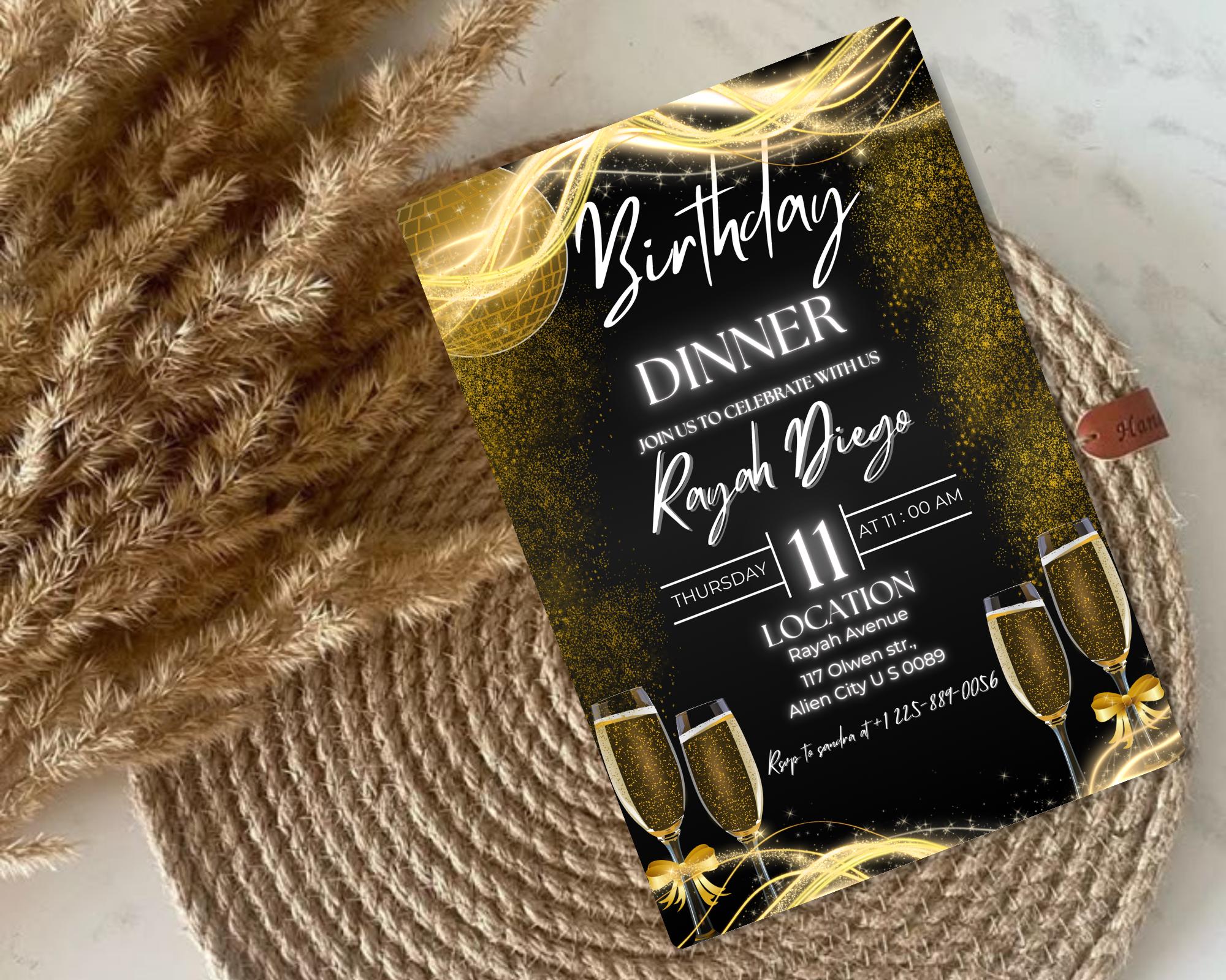 Digital Birthday Dinner Invitation| Black Tie Glam Invite| Black Gold Disco Invite For Men & Women| Black Dinner Invite| Editable Template
