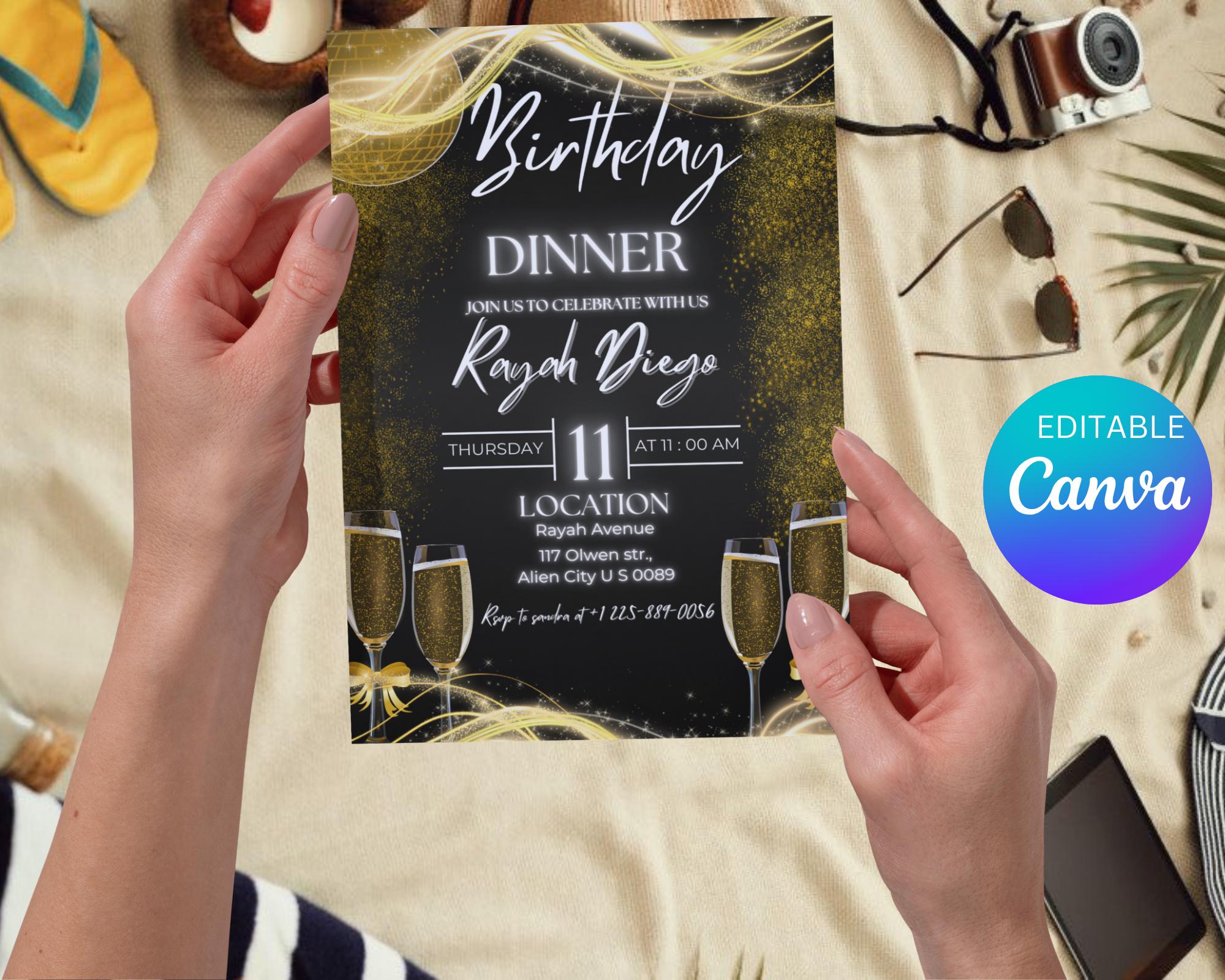 Digital Birthday Dinner Invitation| Black Tie Glam Invite| Black Gold Disco Invite For Men & Women| Black Dinner Invite| Editable Template