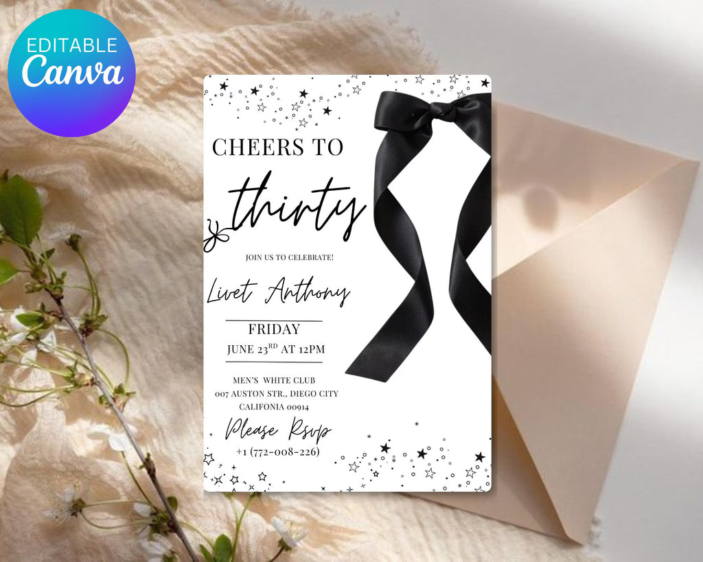 Coquette Black Bow 30th Invitation| Black Bow Birthday Invitation|  Minimalist Black Bow Birthday Invite| Adult Bow Evite| Editable Template
