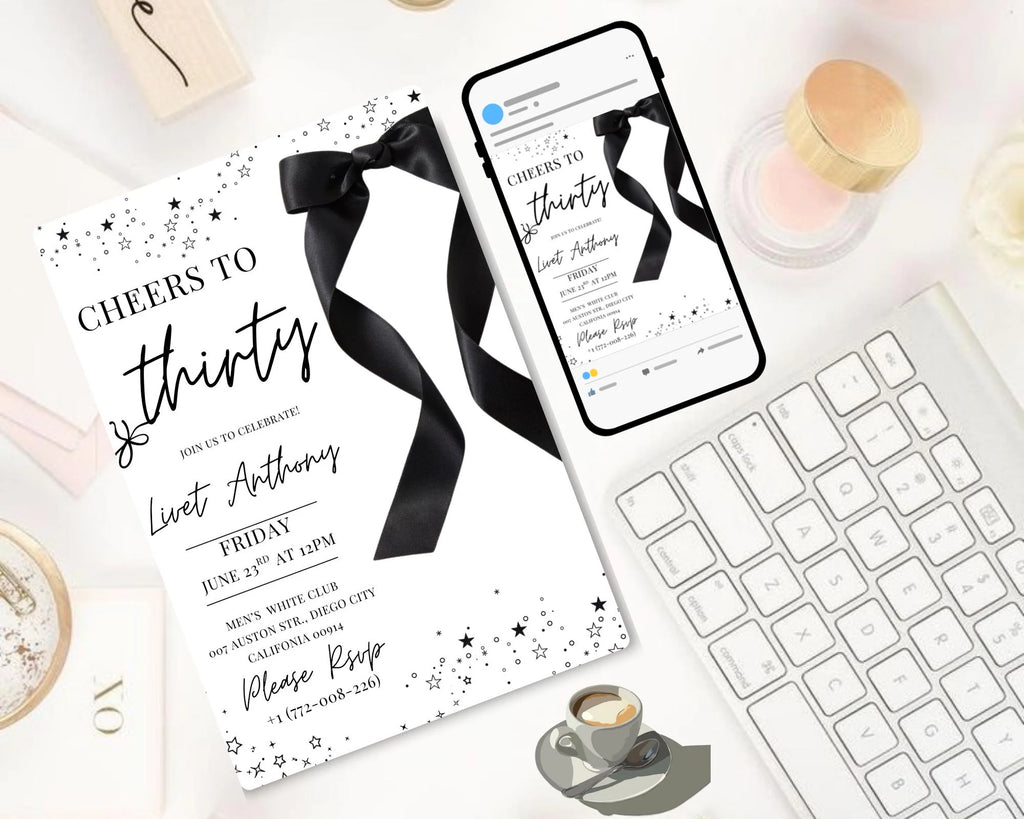 Coquette Black Bow 30th Invitation| Black Bow Birthday Invitation|  Minimalist Black Bow Birthday Invite| Adult Bow Evite| Editable Template