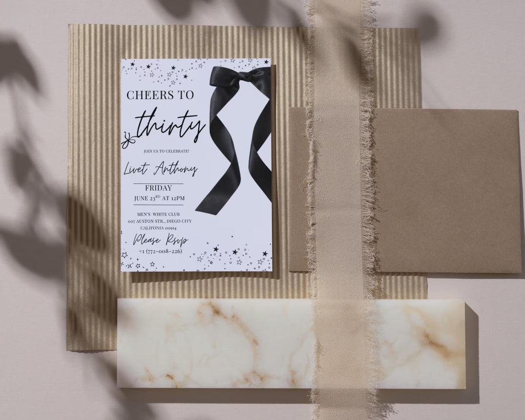 Coquette Black Bow 30th Invitation| Black Bow Birthday Invitation|  Minimalist Black Bow Birthday Invite| Adult Bow Evite| Editable Template