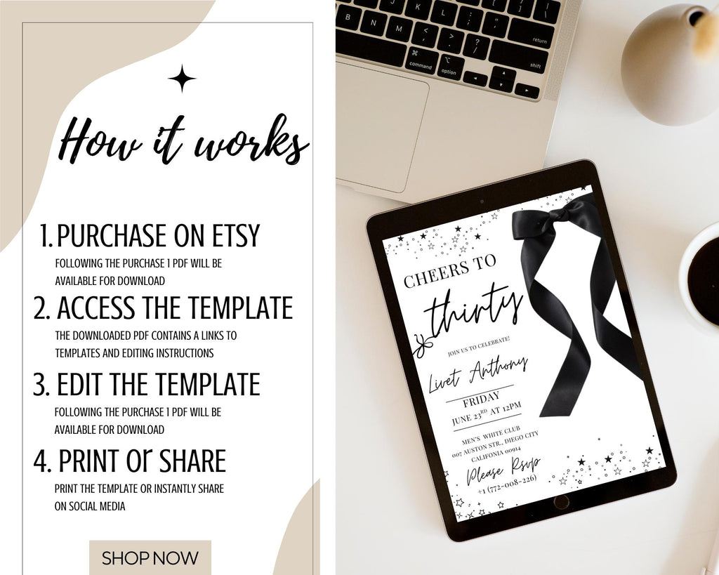 Coquette Black Bow 30th Invitation| Black Bow Birthday Invitation|  Minimalist Black Bow Birthday Invite| Adult Bow Evite| Editable Template