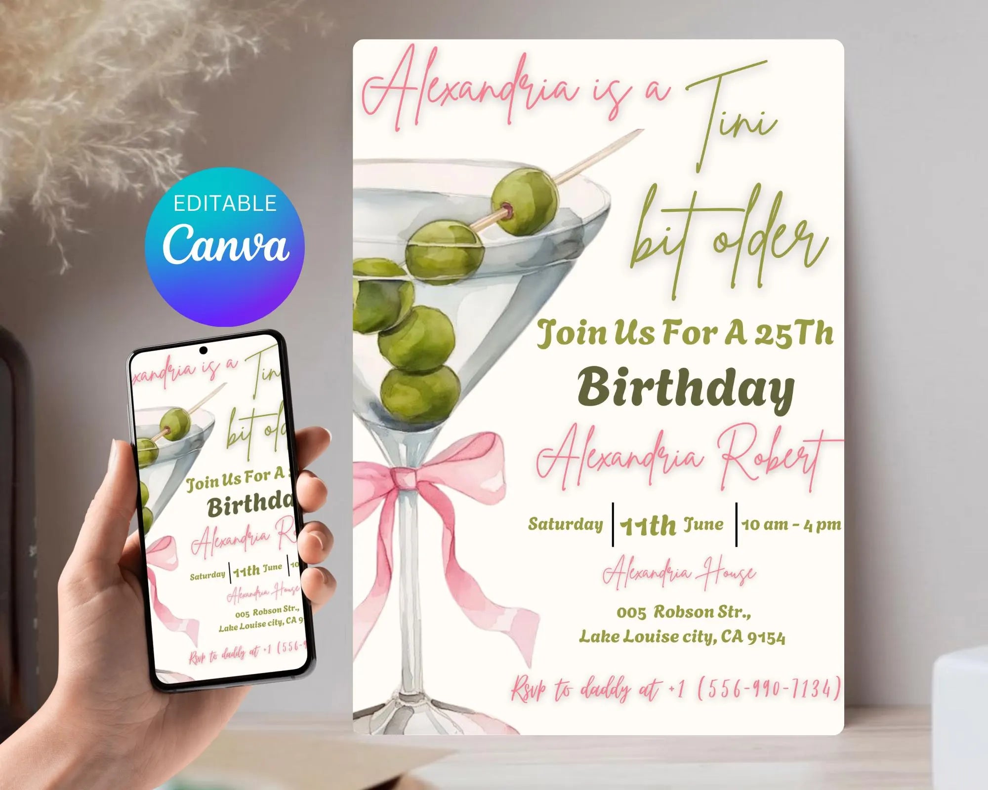 A Tini Bit Older Birthday Party Invitation| Coquette Dirty Thirty| EDITABLE Pink Bow Martini Themed Birthday Tini Invite| Editable Template