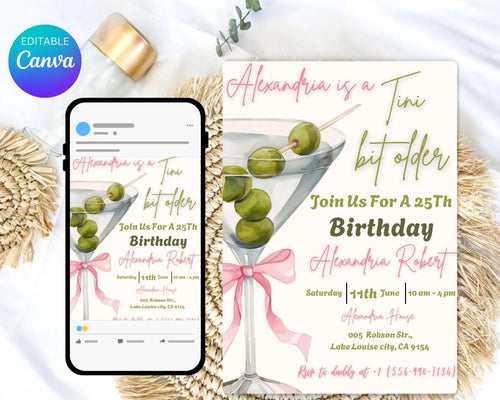 A Tini Bit Older Birthday Party Invitation| Coquette Dirty Thirty| EDITABLE Pink Bow Martini Themed Birthday Tini Invite| Editable Template