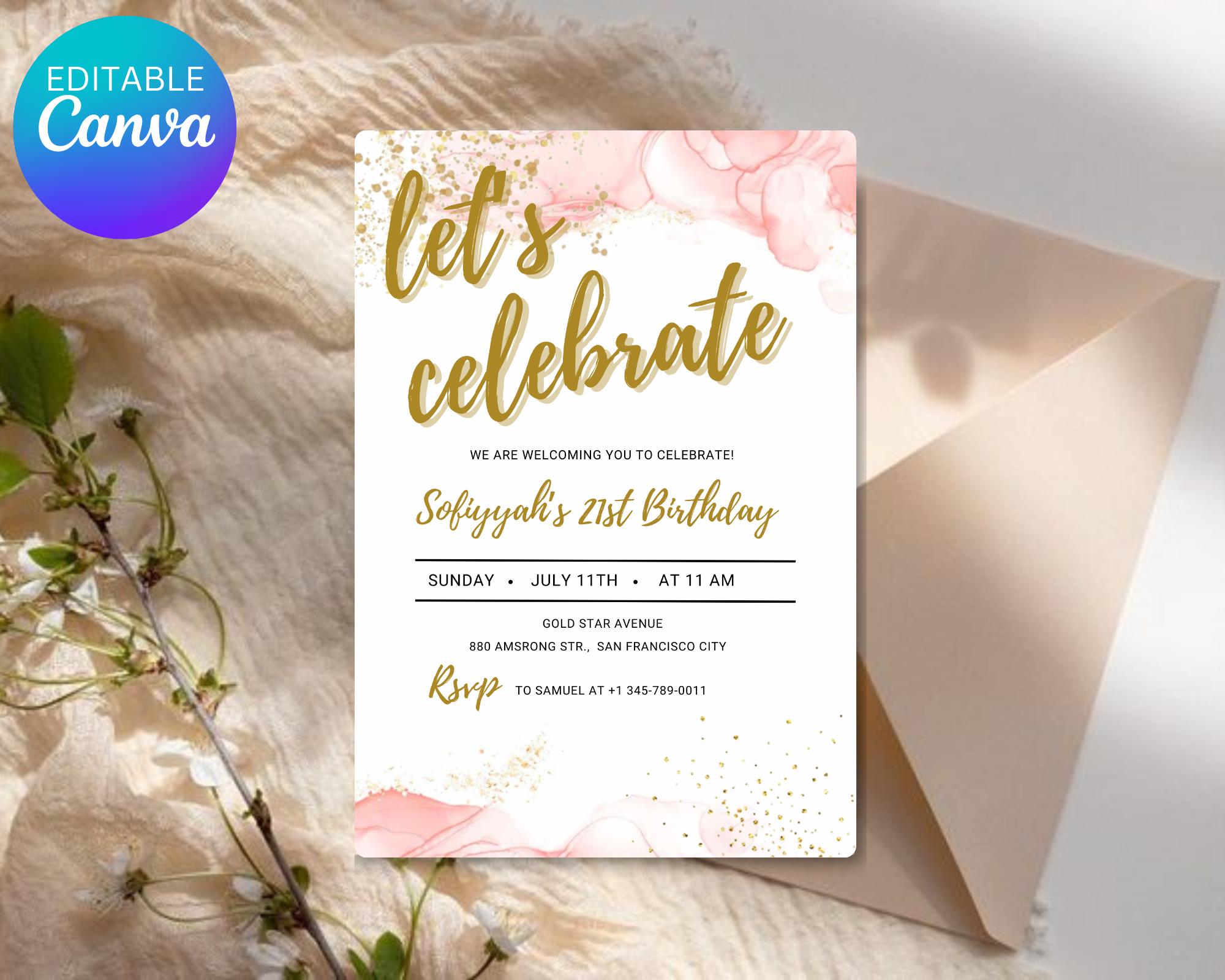 Blush Pink Let's Celebrate Invitation| Party Any Age Gold Glittery| Pink Gold Birthday Party Invite| Birthday Party Evite| Editable Template