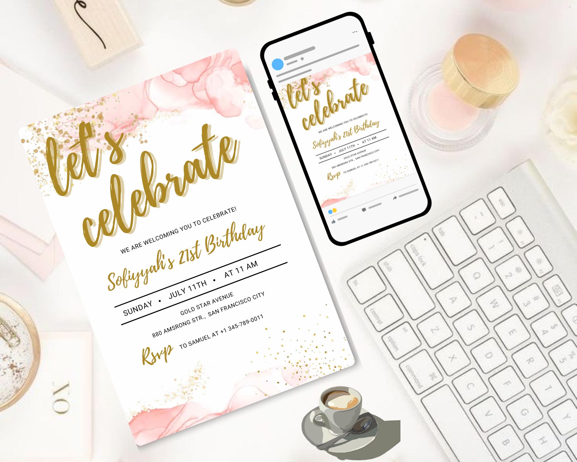 Blush Pink Let's Celebrate Invitation| Party Any Age Gold Glittery| Pink Gold Birthday Party Invite| Birthday Party Evite| Editable Template