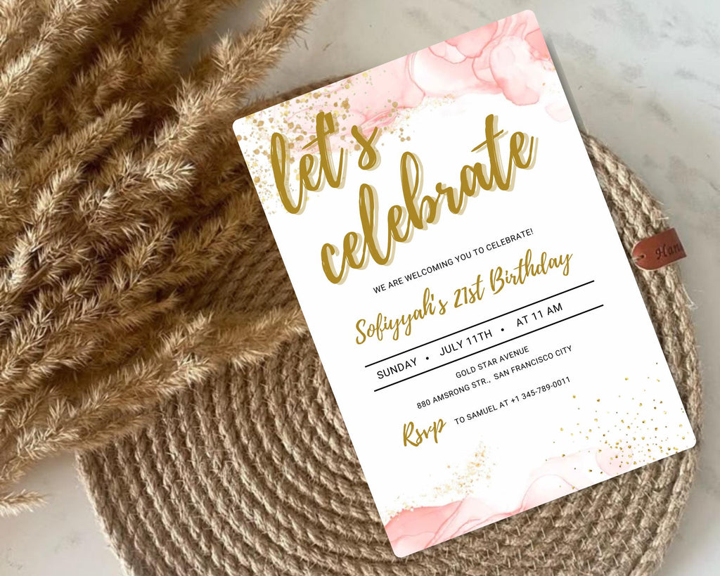 Blush Pink Let's Celebrate Invitation| Party Any Age Gold Glittery| Pink Gold Birthday Party Invite| Birthday Party Evite| Editable Template