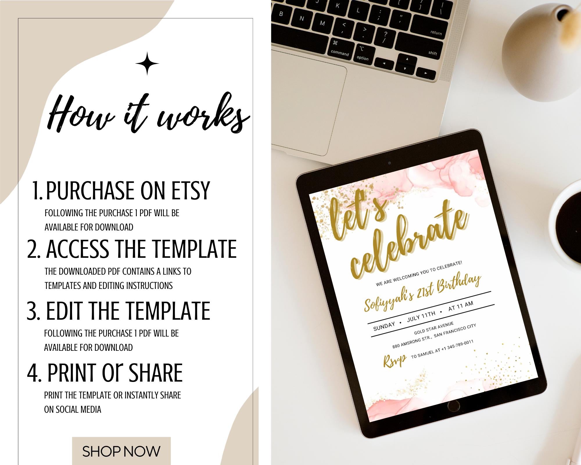 Blush Pink Let's Celebrate Invitation| Party Any Age Gold Glittery| Pink Gold Birthday Party Invite| Birthday Party Evite| Editable Template