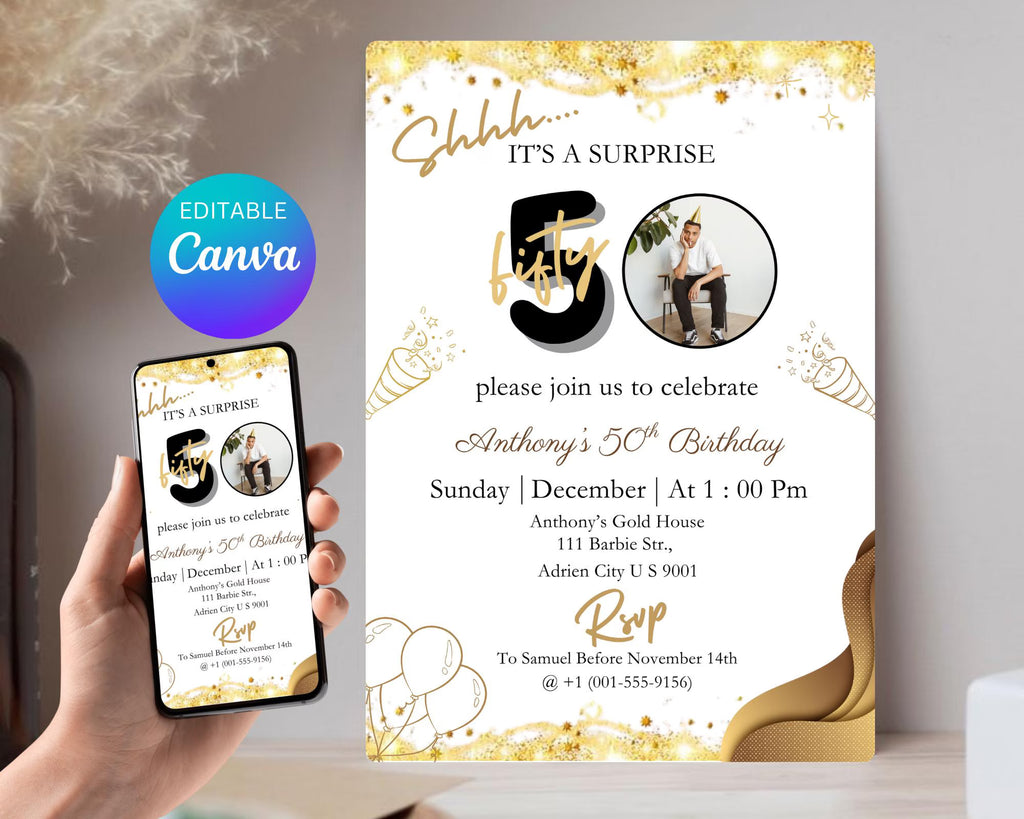 Surprise 50th Birthday Invitation| Digital Download| For Men or Women| Photo Adult Birthday Invite| Shhh It's a surprise| Editable Template