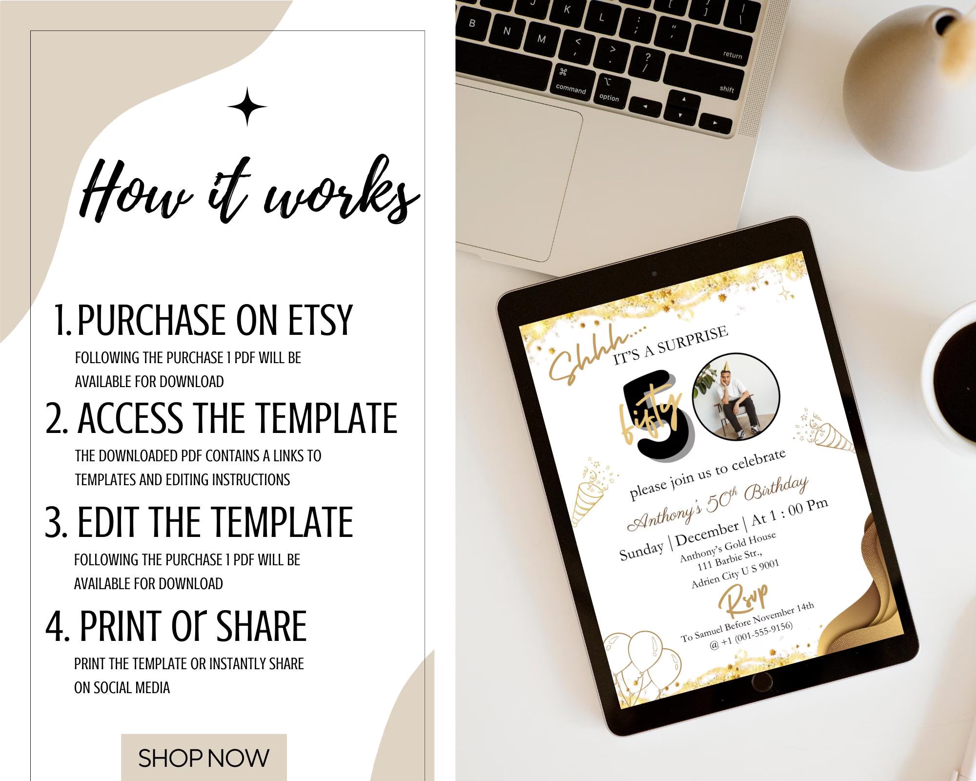 Surprise 50th Birthday Invitation| Digital Download| For Men or Women| Photo Adult Birthday Invite| Shhh It's a surprise| Editable Template