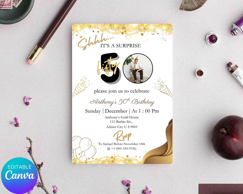 Surprise 50th Birthday Invitation| Digital Download| For Men or Women| Photo Adult Birthday Invite| Shhh It's a surprise| Editable Template