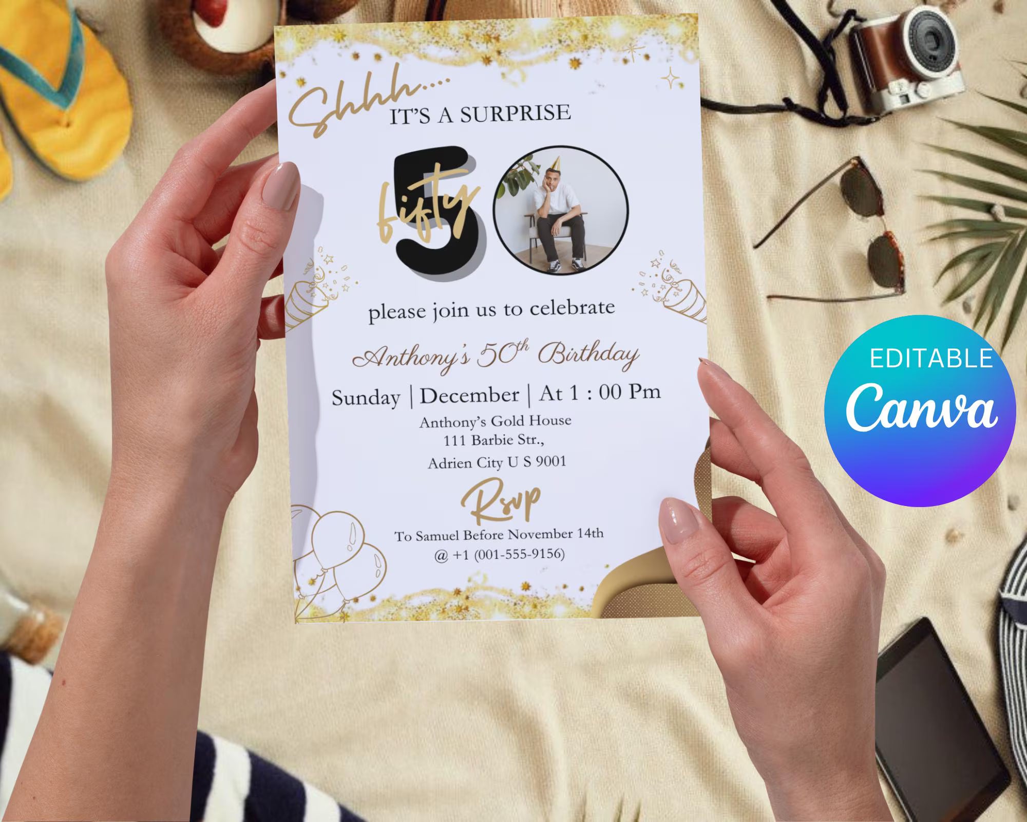 Surprise 50th Birthday Invitation| Digital Download| For Men or Women| Photo Adult Birthday Invite| Shhh It's a surprise| Editable Template