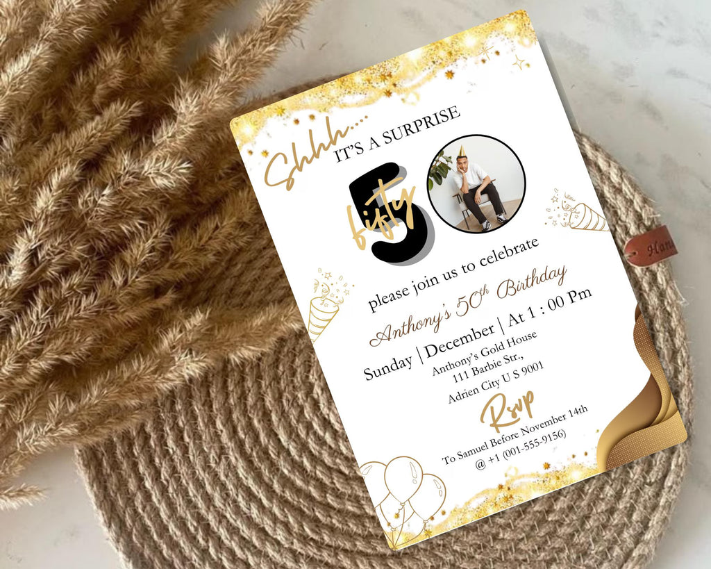 Surprise 50th Birthday Invitation| Digital Download| For Men or Women| Photo Adult Birthday Invite| Shhh It's a surprise| Editable Template
