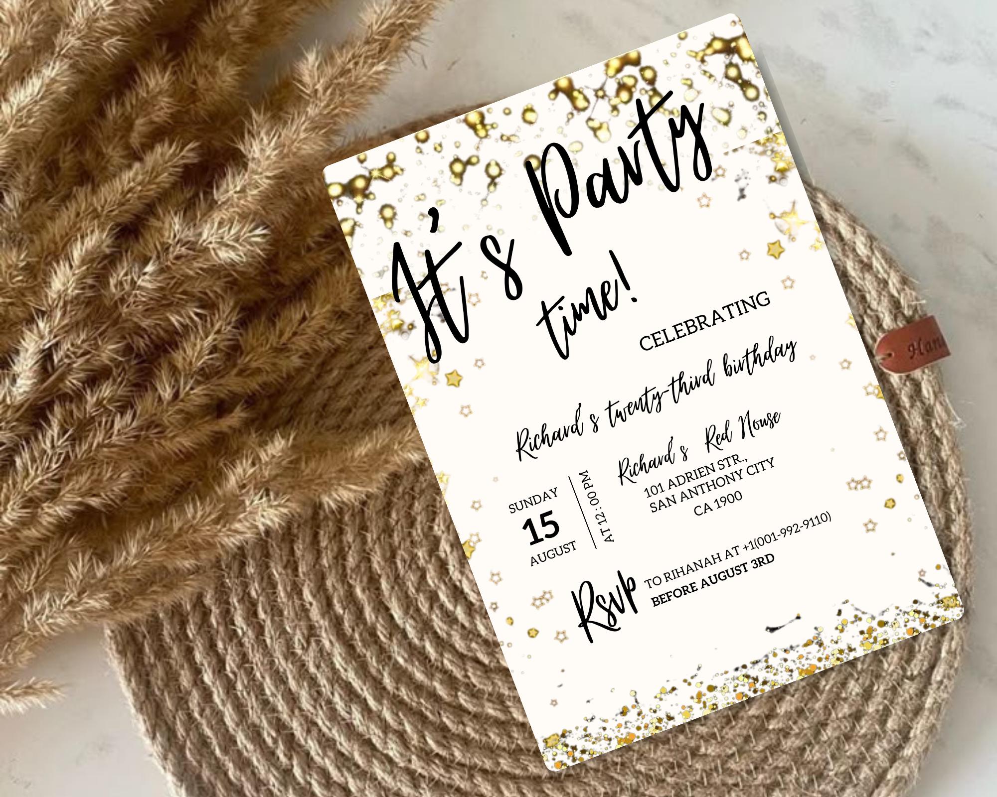 Adult Party Time Birthday Invitation| Adult Milestone Birthday Party Invitation| Minimalist| Black Gold Adult Invitation| Editable Template