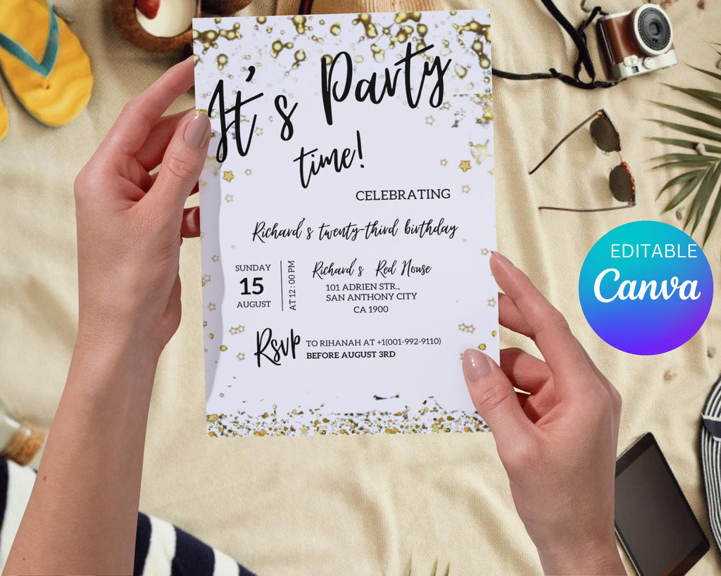 Adult Party Time Birthday Invitation| Adult Milestone Birthday Party Invitation| Minimalist| Black Gold Adult Invitation| Editable Template