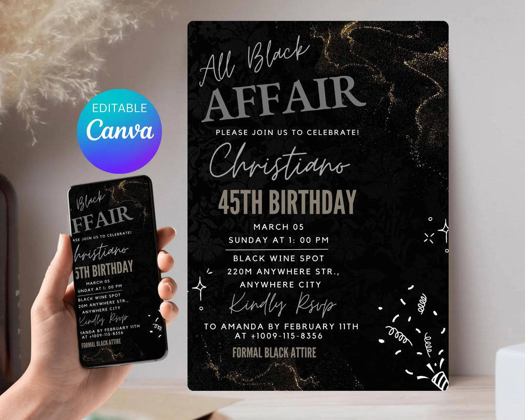 All Black Affair Invitation| All Black Adult Party Invitation|  Black Tie| Formal Attire| Black Minimalist Party Invite| Editable Template