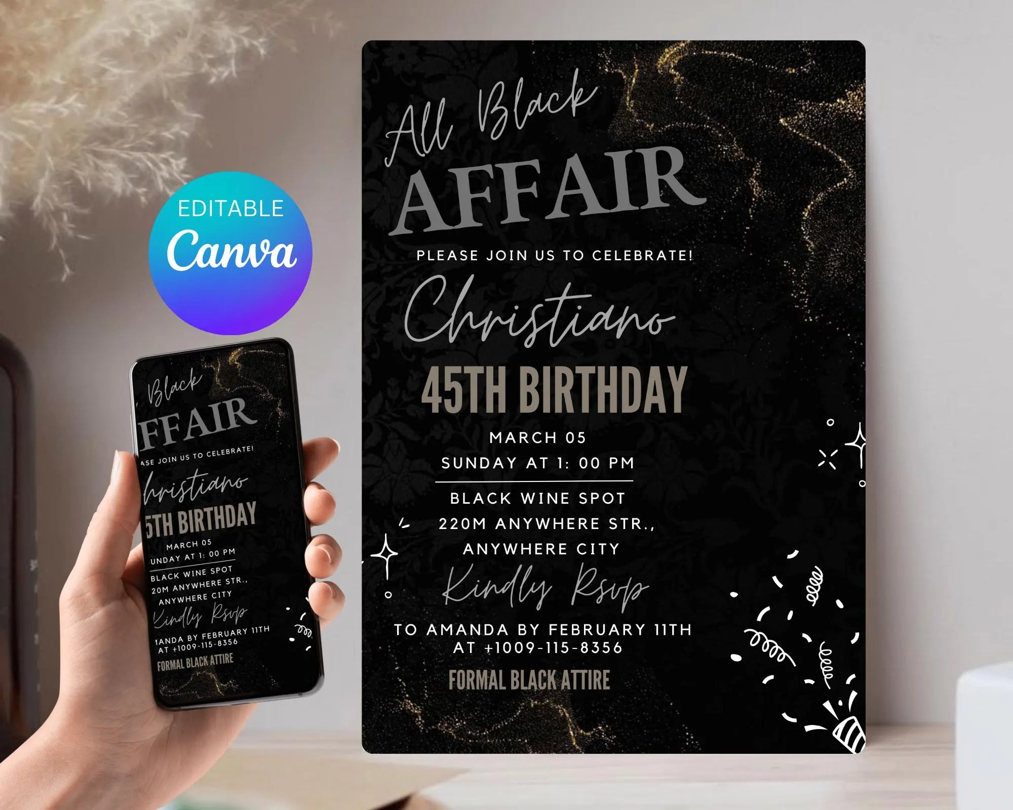 All Black Affair Invitation| All Black Adult Party Invitation|  Black Tie| Formal Attire| Black Minimalist Party Invite| Editable Template