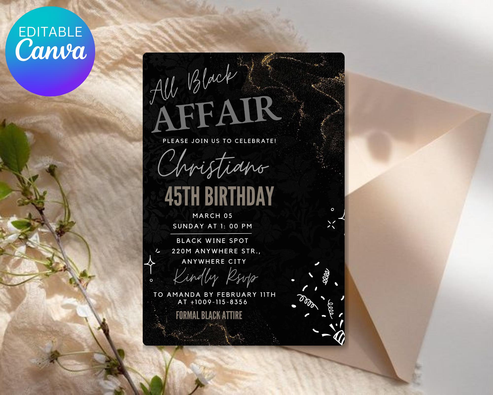 All Black Affair Invitation| All Black Adult Party Invitation|  Black Tie| Formal Attire| Black Minimalist Party Invite| Editable Template