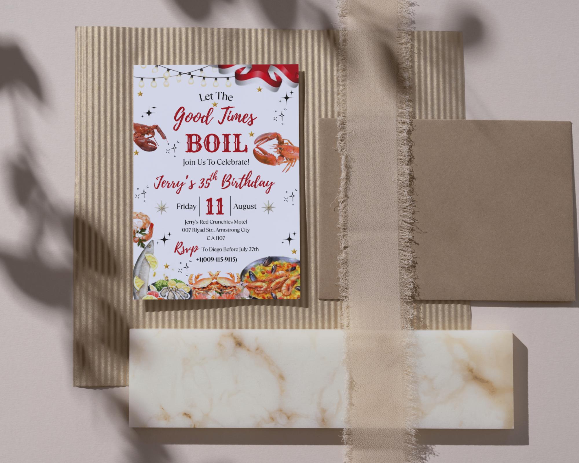 Seafood Birthday Party Invitation| Let's The Good Times Boil Invitation| Shrimp| Crawfish Seafood Boil Party Invitation| Editable Template