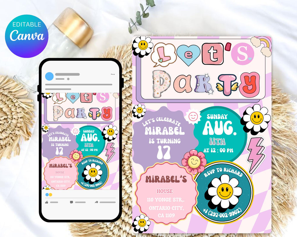 Preppy Smile Face Birthday Invite| Editable Groovy Retro birthday| Teen Party & Tween Birthday Evite| Girl Birthday Emoji| Editable Template