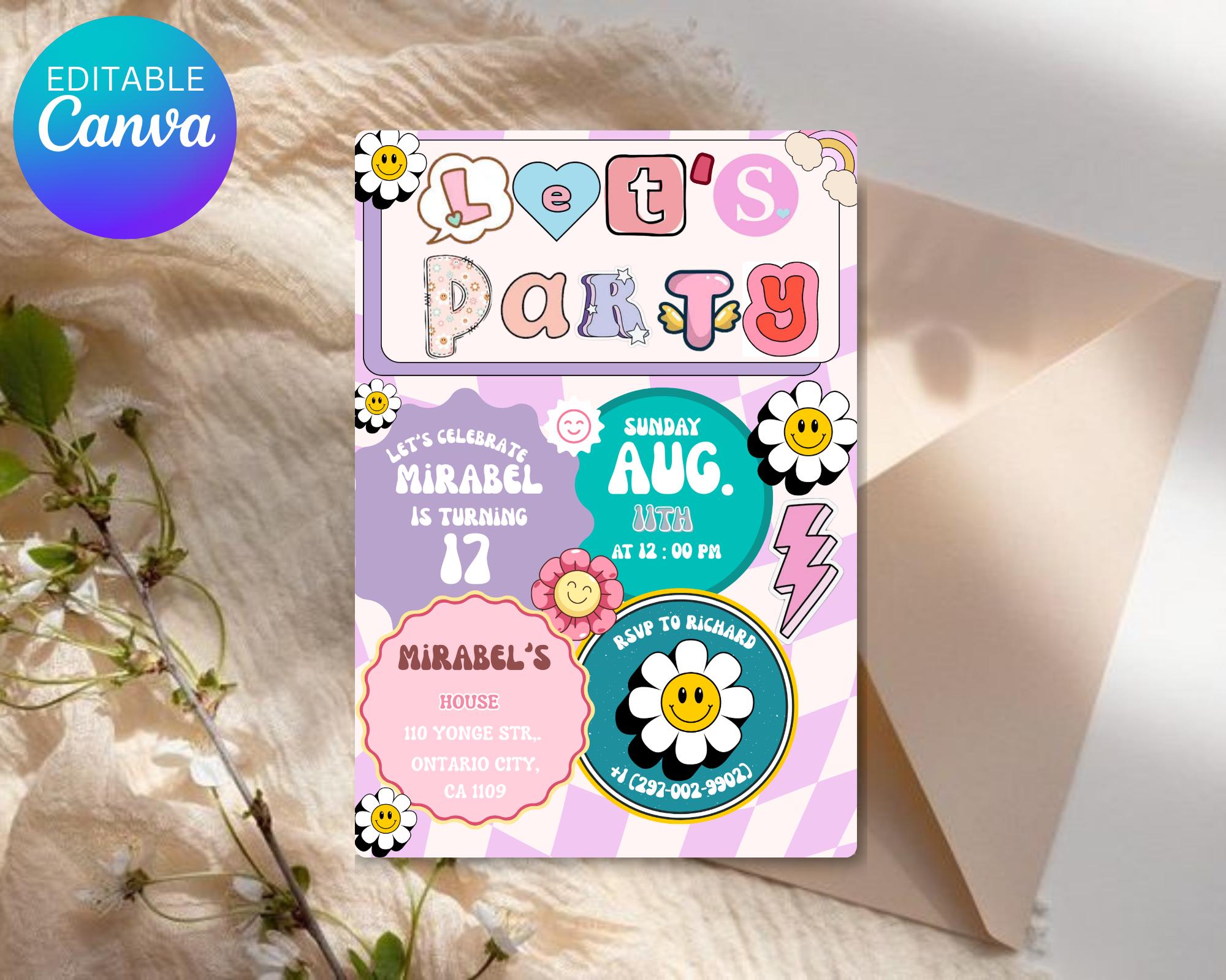 Preppy Smile Face Birthday Invite| Editable Groovy Retro birthday| Teen Party & Tween Birthday Evite| Girl Birthday Emoji| Editable Template